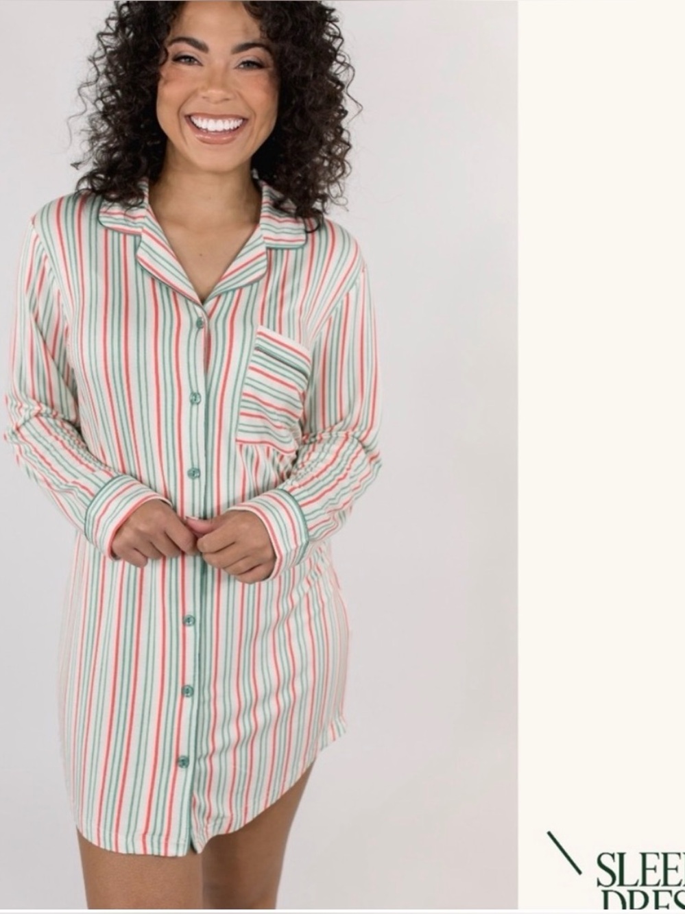 In My Sundays Striped Button-Down Nightshirt in Green and Coral NWT Size Small